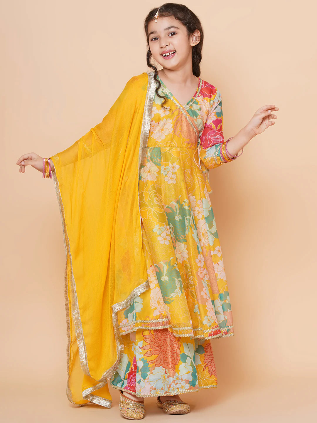 Yellow Multi Printed A- LINE Kurta Set For Women & Angrakha Anarkali Kurta Set For Girl.