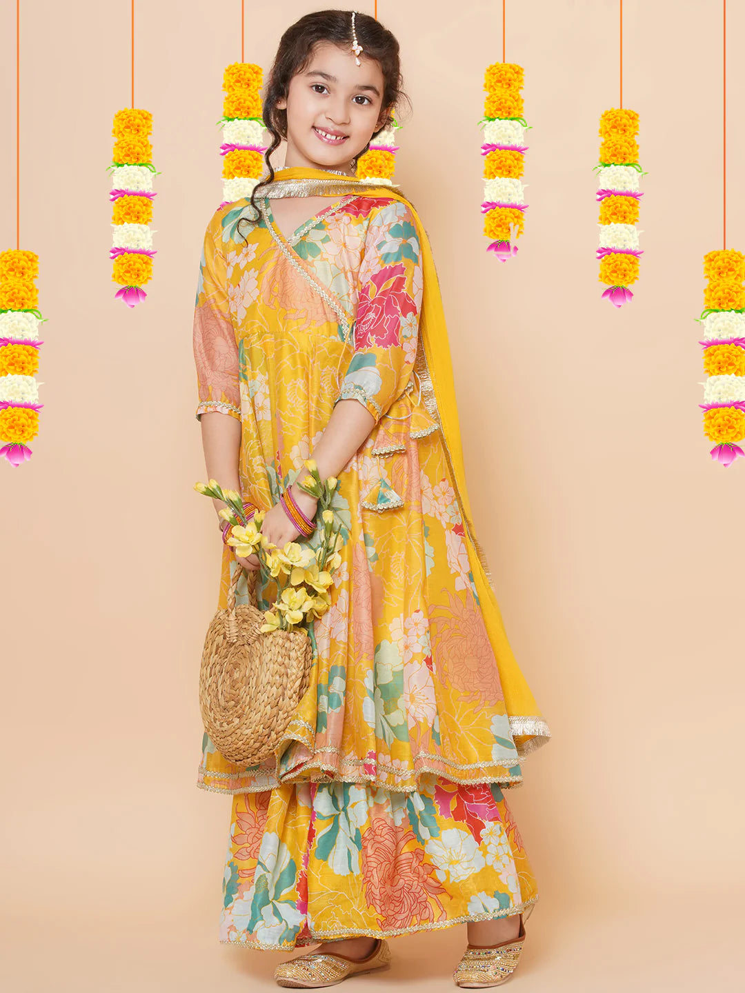 Yellow Multi Printed A- LINE Kurta Set For Women & Angrakha Anarkali Kurta Set For Girl.