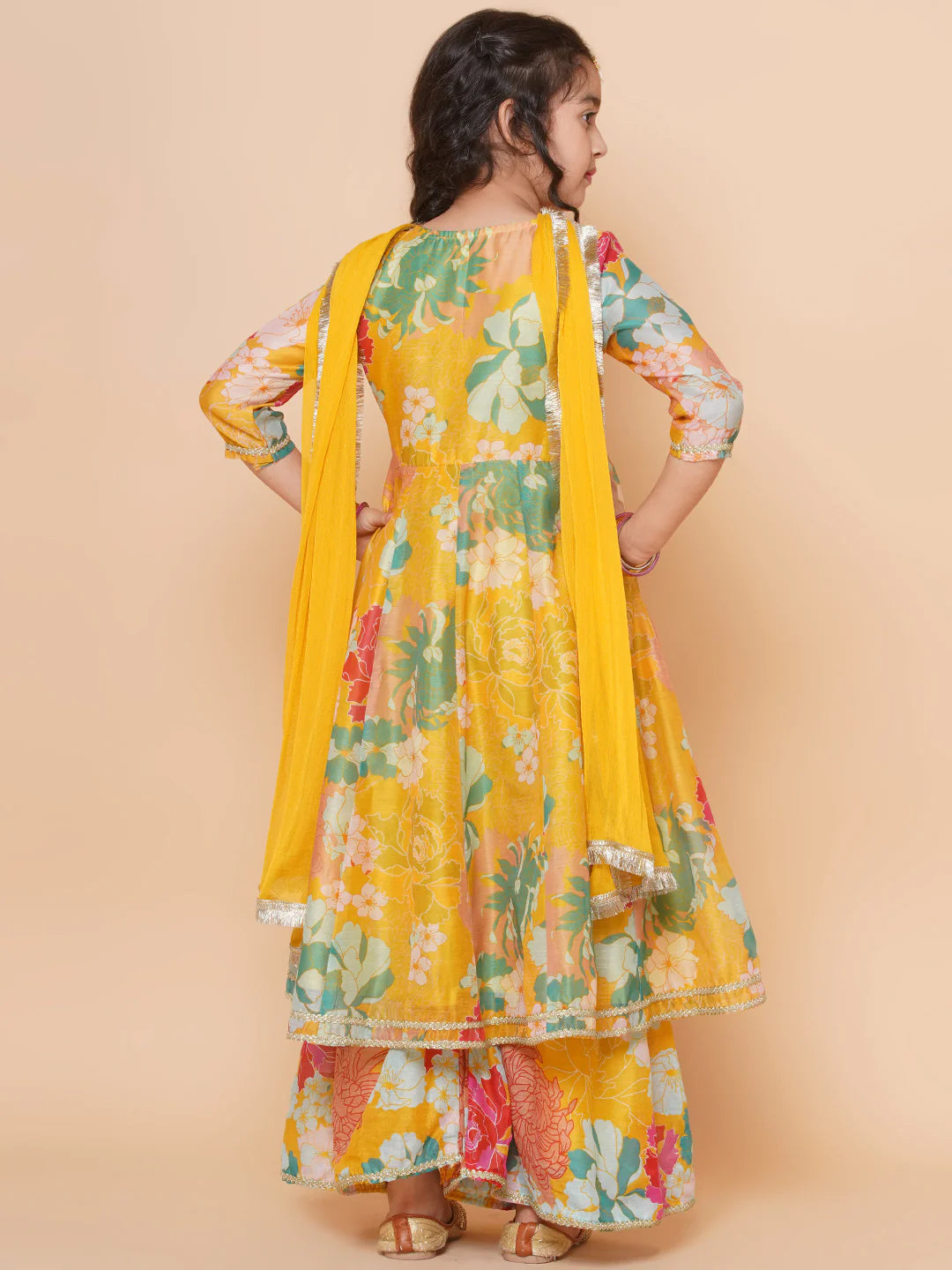 Yellow Multi Printed A- LINE Kurta Set For Women & Angrakha Anarkali Kurta Set For Girl.