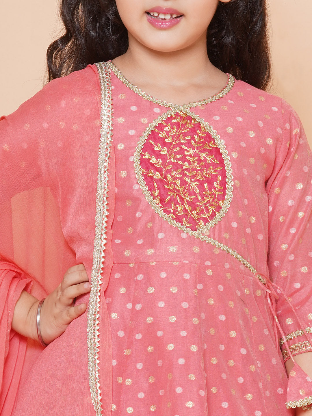 Bitiya by Bhama Girls Peach Self design Booti Angrakha Gotta Patti Kurta & with Trouser & Dupatta