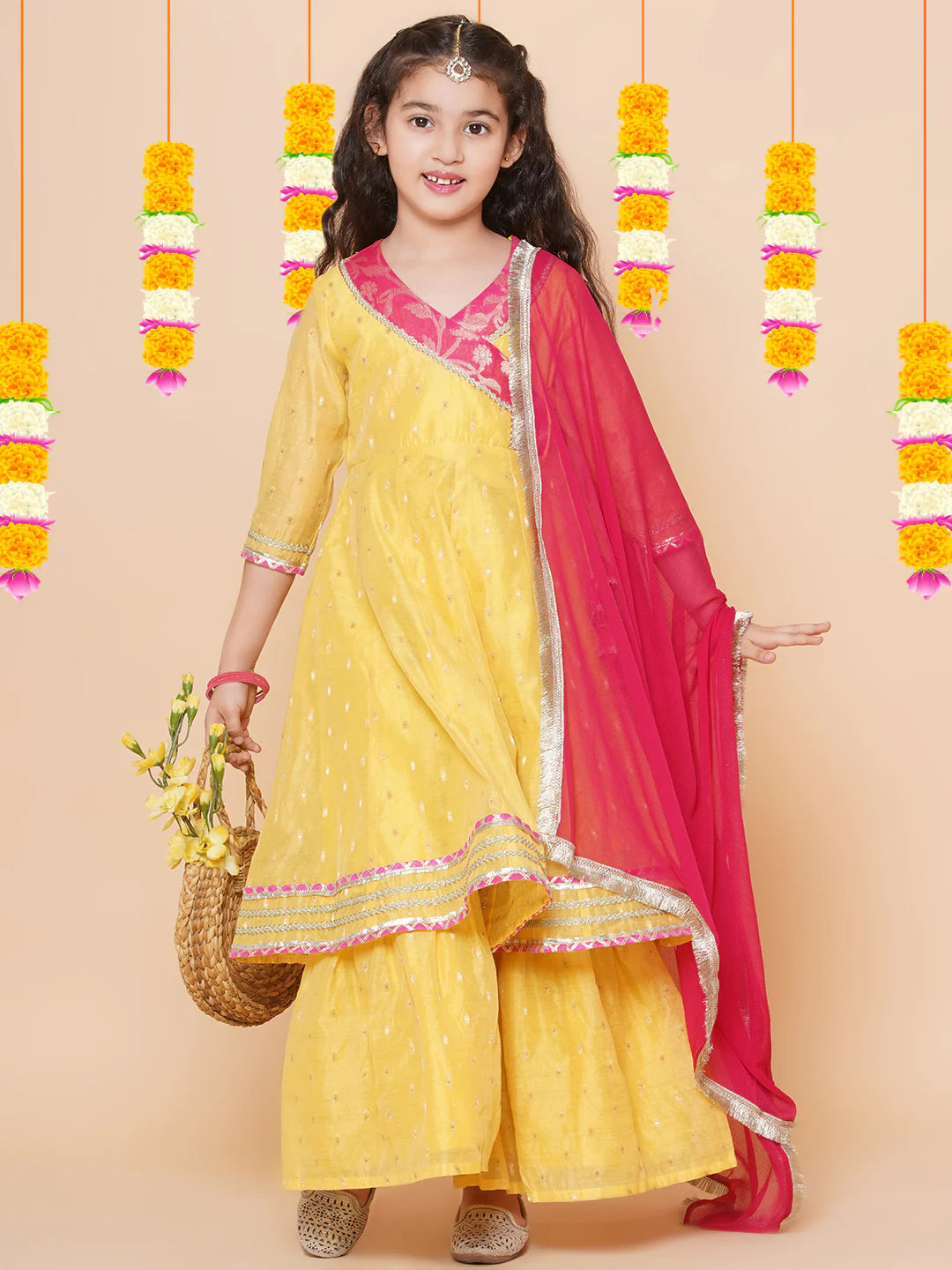 Yellow Modal Booti Angrakha Kurta set For Women & Angrakha Kurta Sharara Set For Girl.