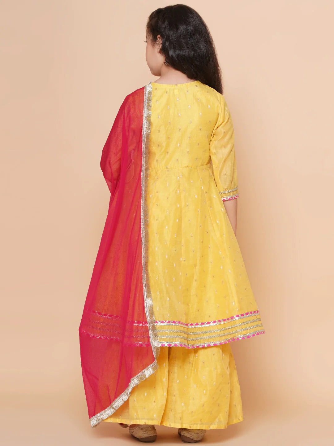 Yellow Modal Booti Angrakha Kurta set For Women & Angrakha Kurta Sharara Set For Girl.