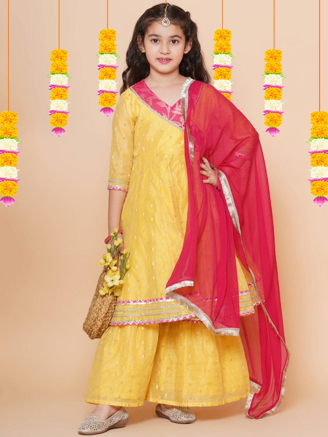 Bitiya by Bhama Girls Yellow self design Angrakha Gotta Patti Kurta & Sharara set With Dupatta