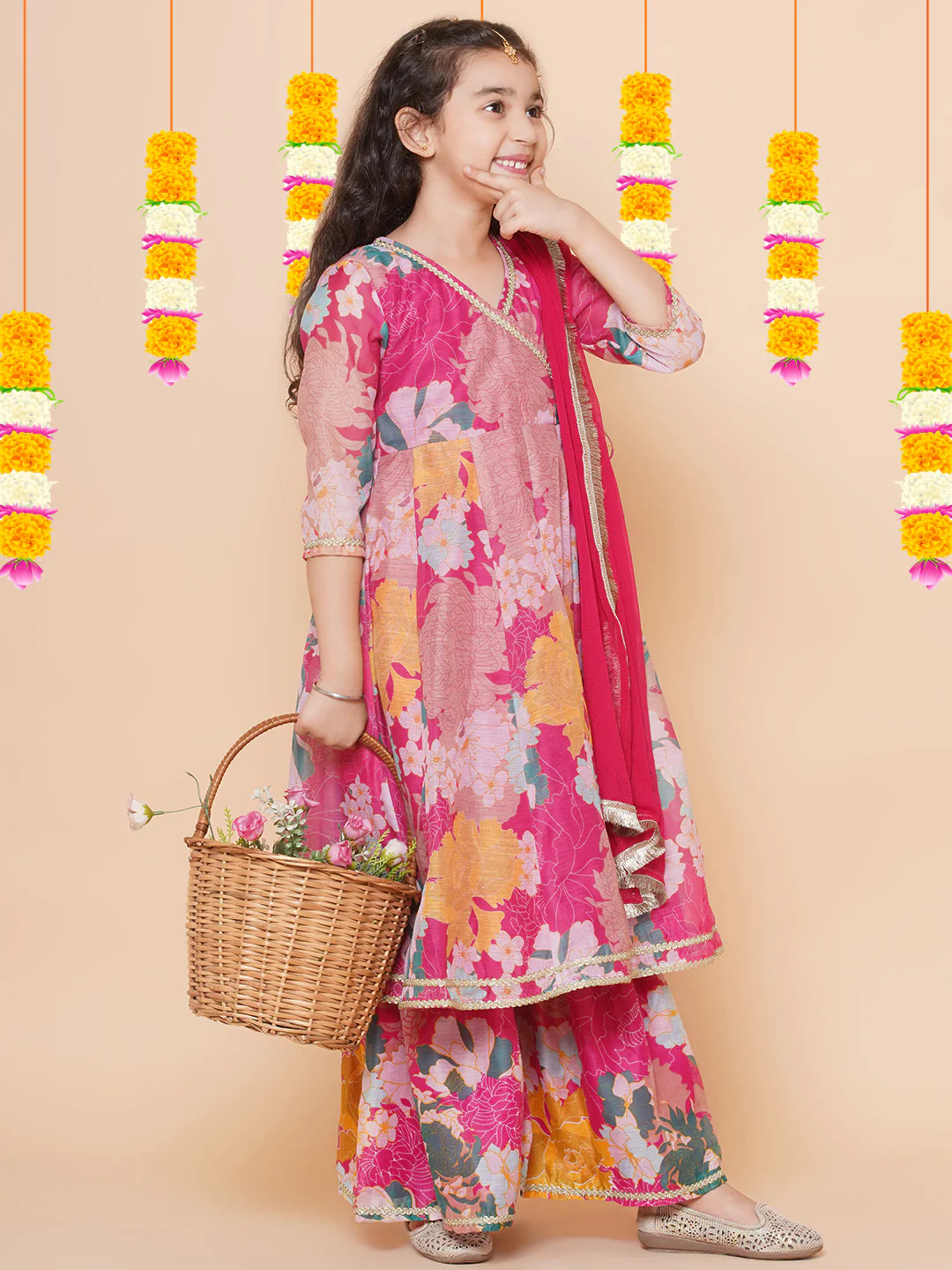 Pink Multi Printed Anarkali Kurta Set For Women & Angrakha Sharara Set For Girls