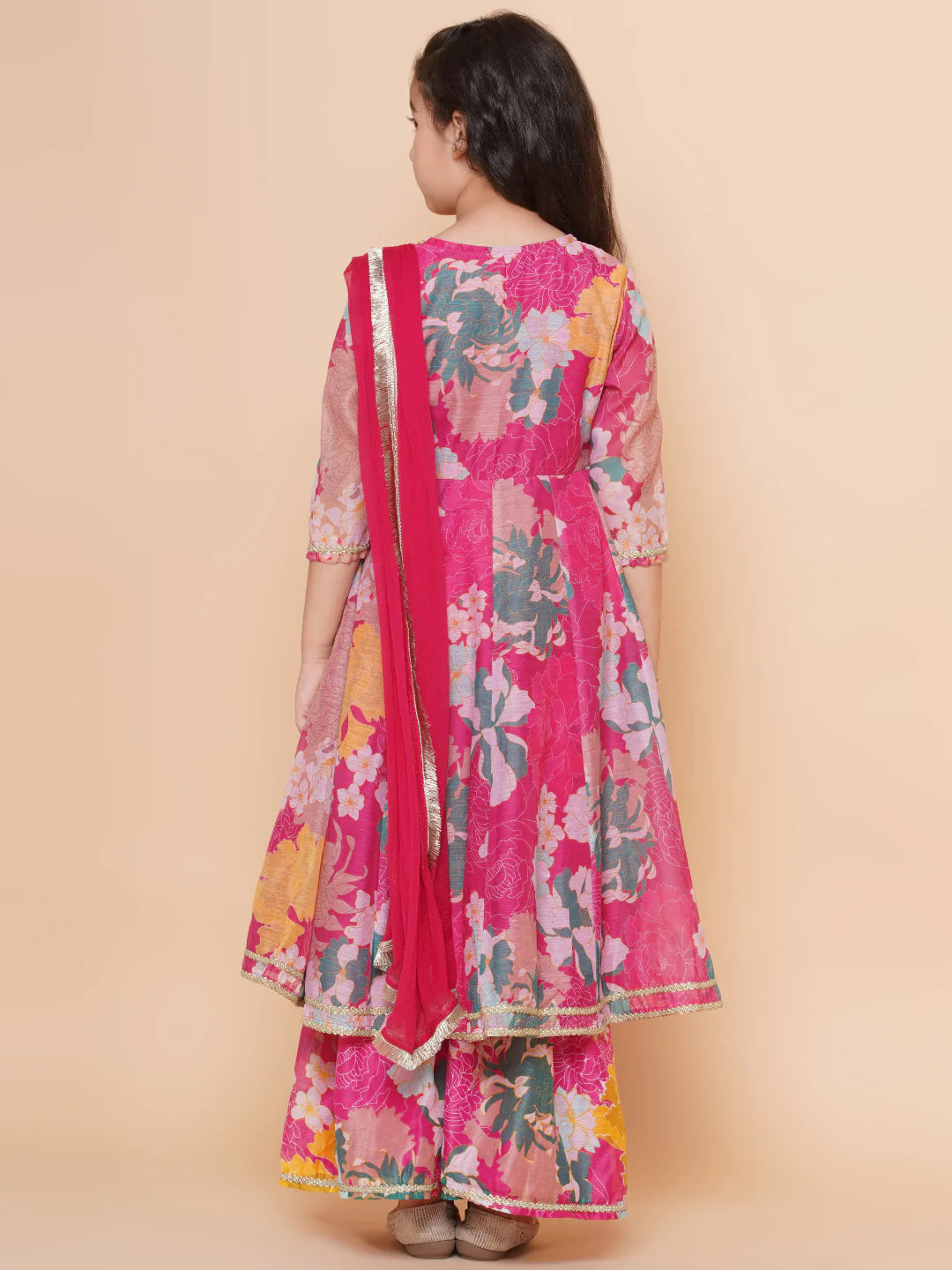 Pink Multi Printed Anarkali Kurta Set For Women & Angrakha Sharara Set For Girls