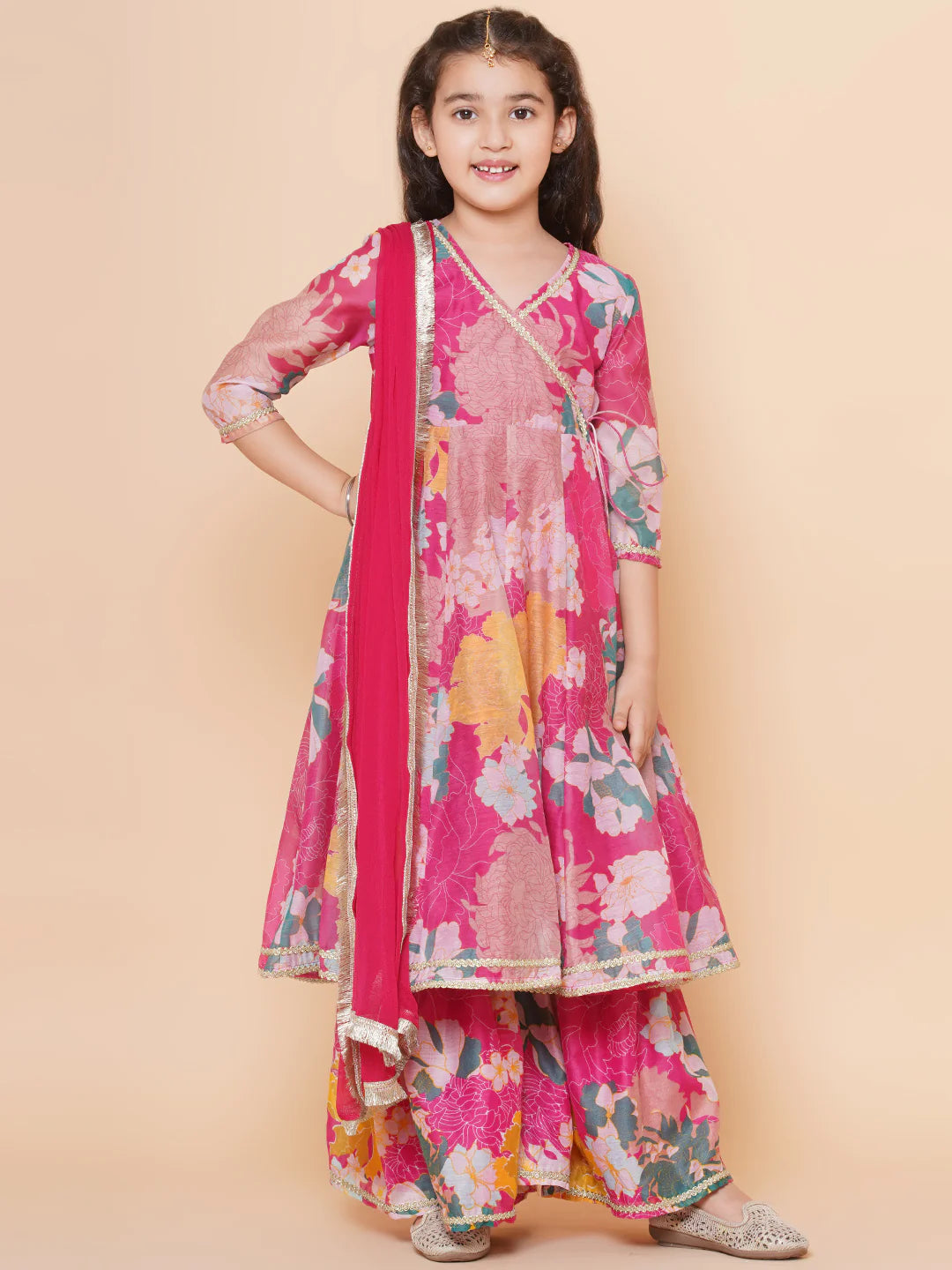 Pink Multi Printed Anarkali Kurta Set For Women & Angrakha Sharara Set For Girls