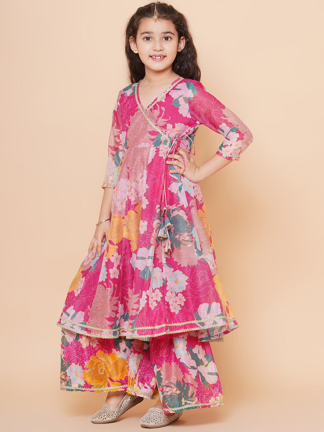 Bitiya by Bhama Girls Pink Floral Printed Angrakha Gotta Patti Kurta & Sharara set With Dupatta