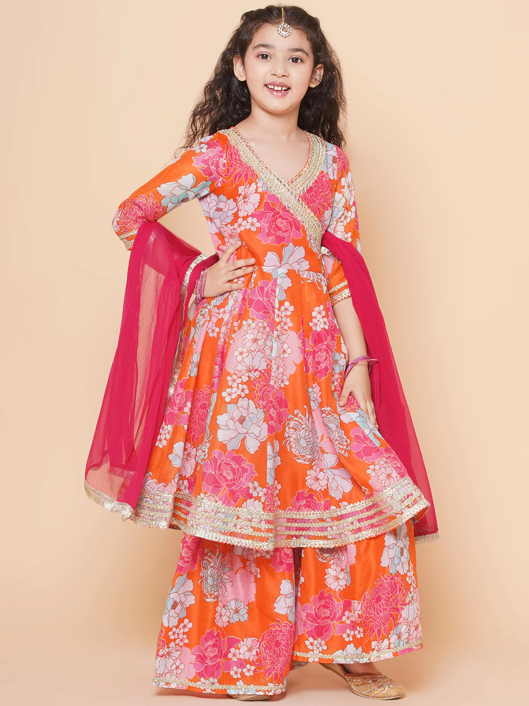Orange Multi Printed Angrakha Kurta Set For Women & Angrakha Sharara Set For Girls