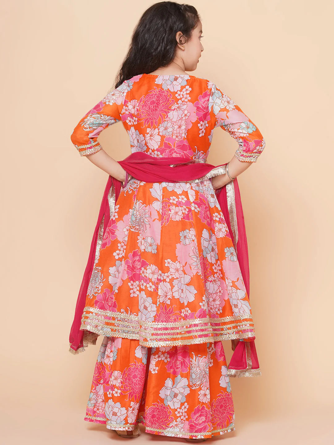 Orange Multi Printed Angrakha Kurta Set For Women & Angrakha Sharara Set For Girls