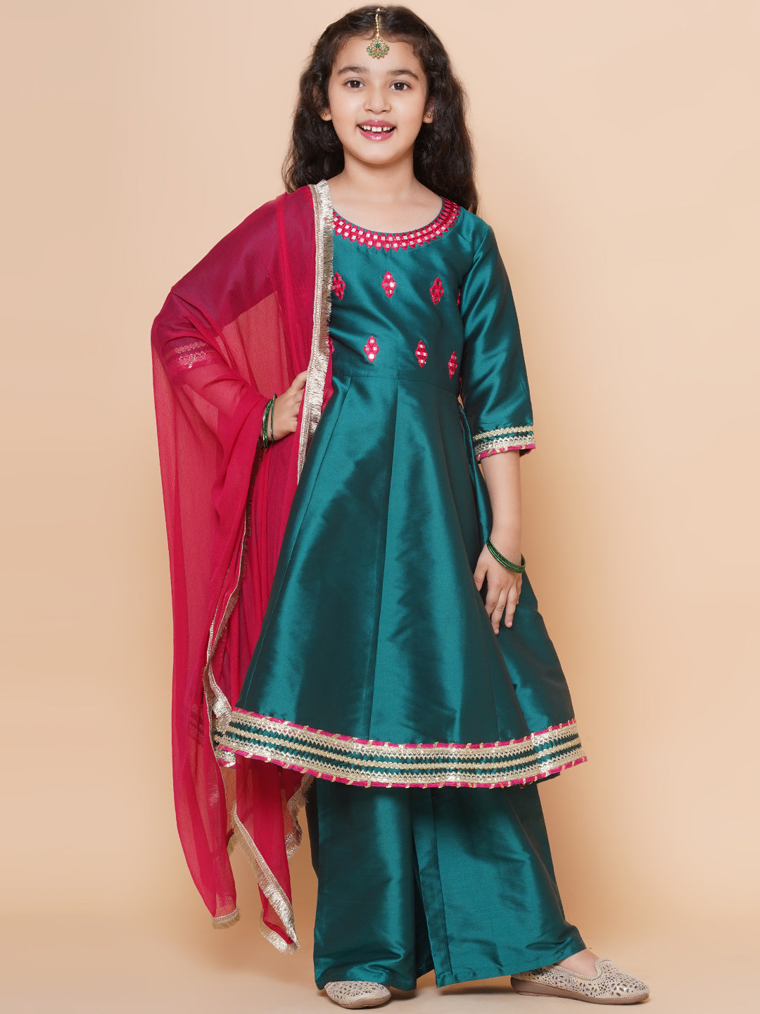 Bitiya by Bhama Girls Green Embroidered Round neck Flared Aanarkali Kurta with Palazzos With Dupatta