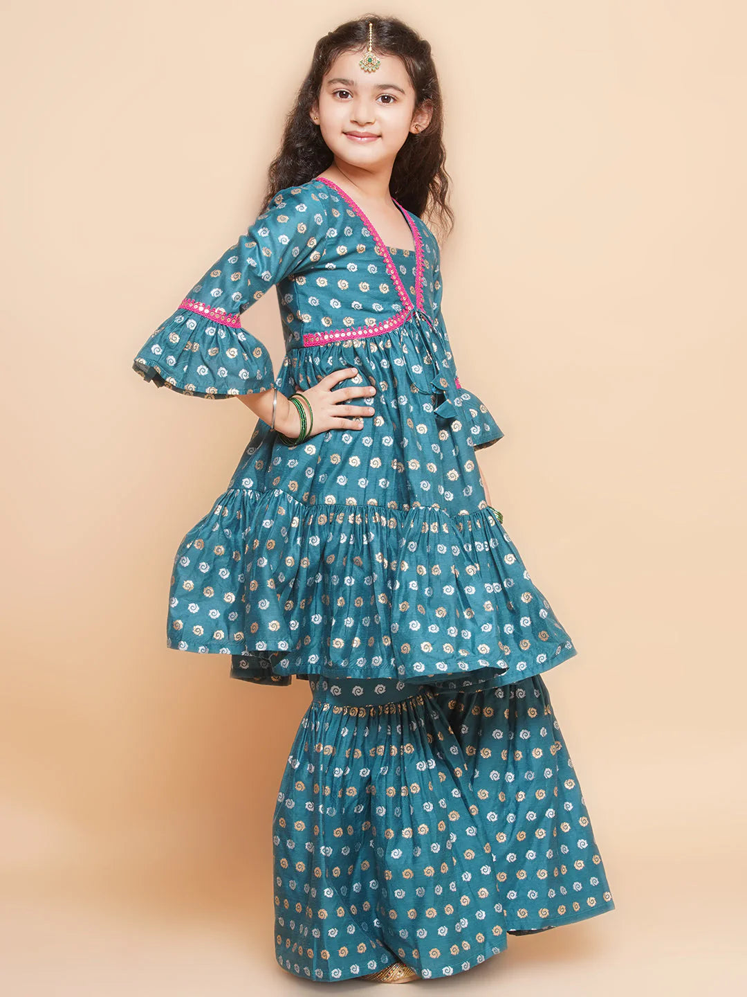 Blue Jacquard Booti Anarkali Kurta Set For Women & Sharara Kurta Set For Girl.