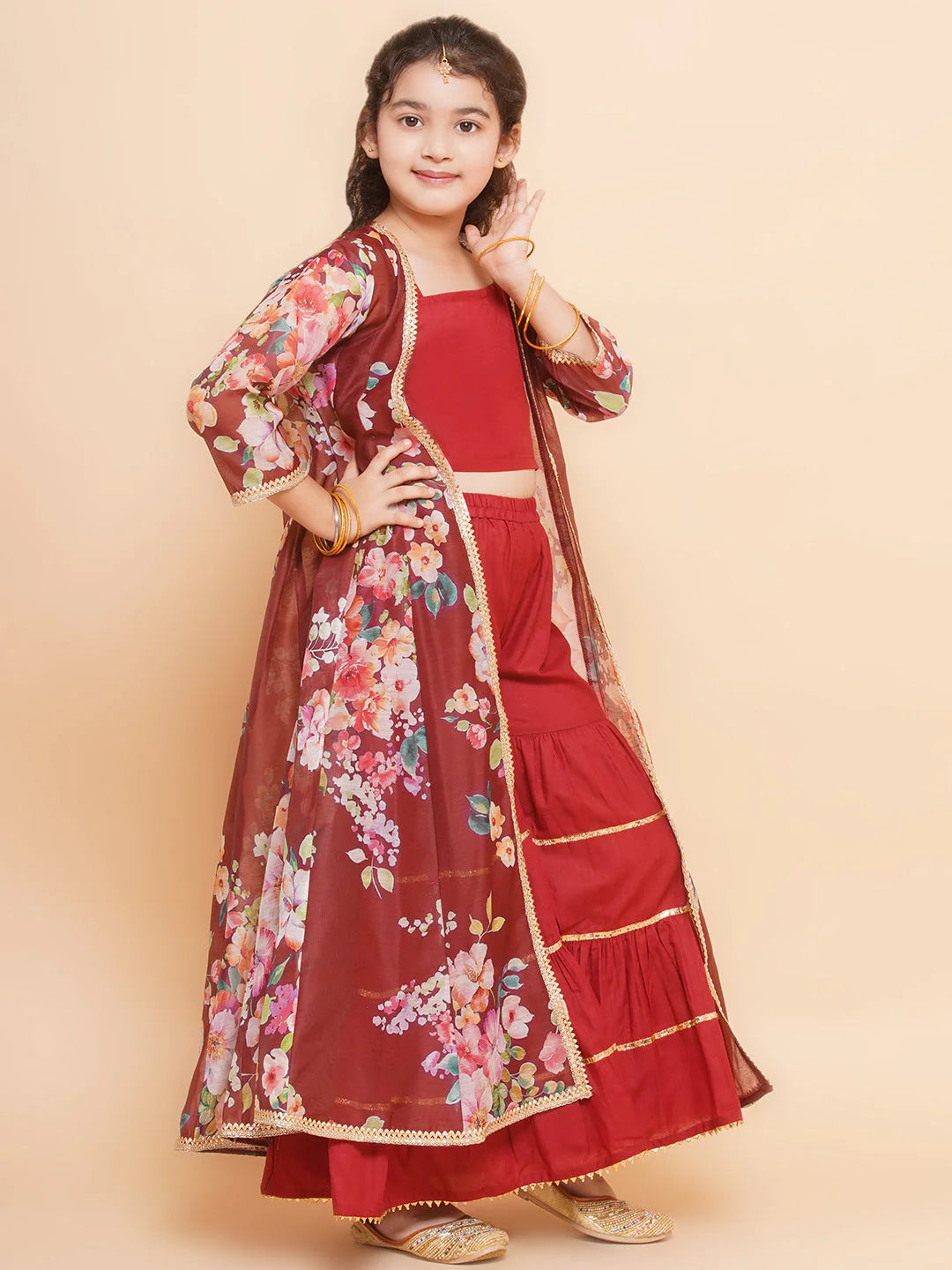 Maroon Multi Floral Printed Jacket with Cami - Sharara For Women & Jacket with Cami - Sharara For Girl.