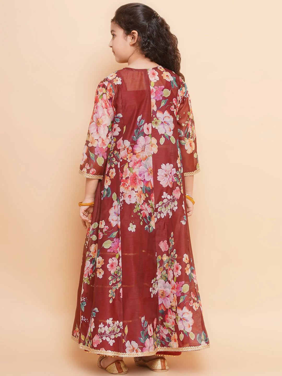 Maroon Multi Floral Printed Jacket with Cami - Sharara For Women & Jacket with Cami - Sharara For Girl.