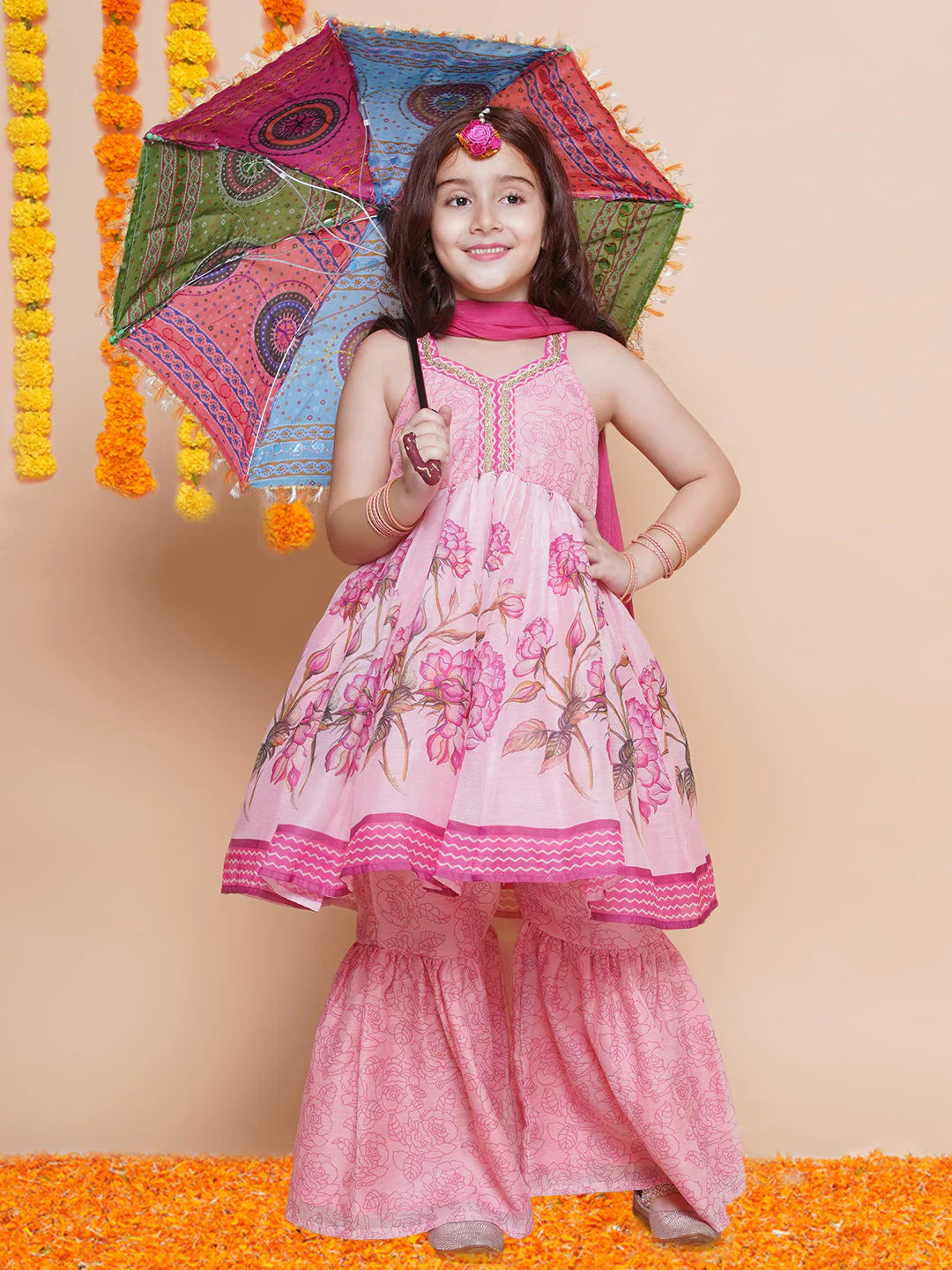 Pink Anarakali Digital Printed Kurta with Dupatta For Women & Kurta Sharara Set For Girls.