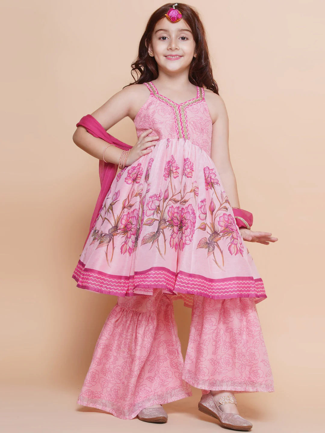 Pink Anarakali Digital Printed Kurta with Dupatta For Women & Kurta Sharara Set For Girls.