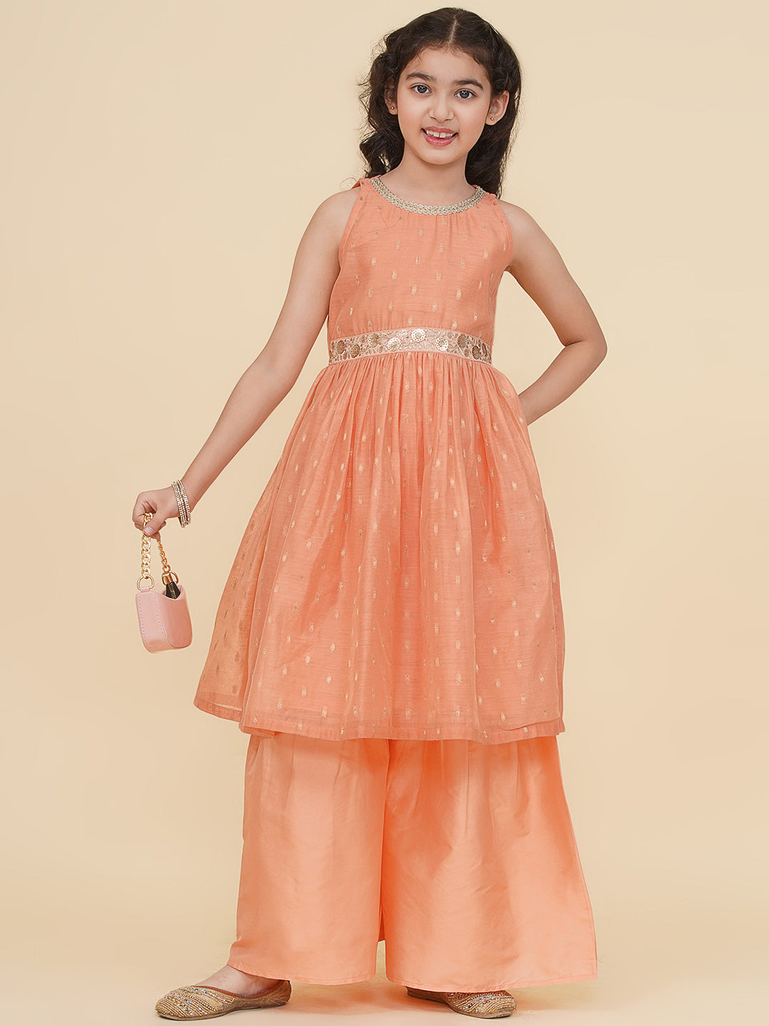Bitiya by Bhama Girls Peach Self design Kurta with Sharara