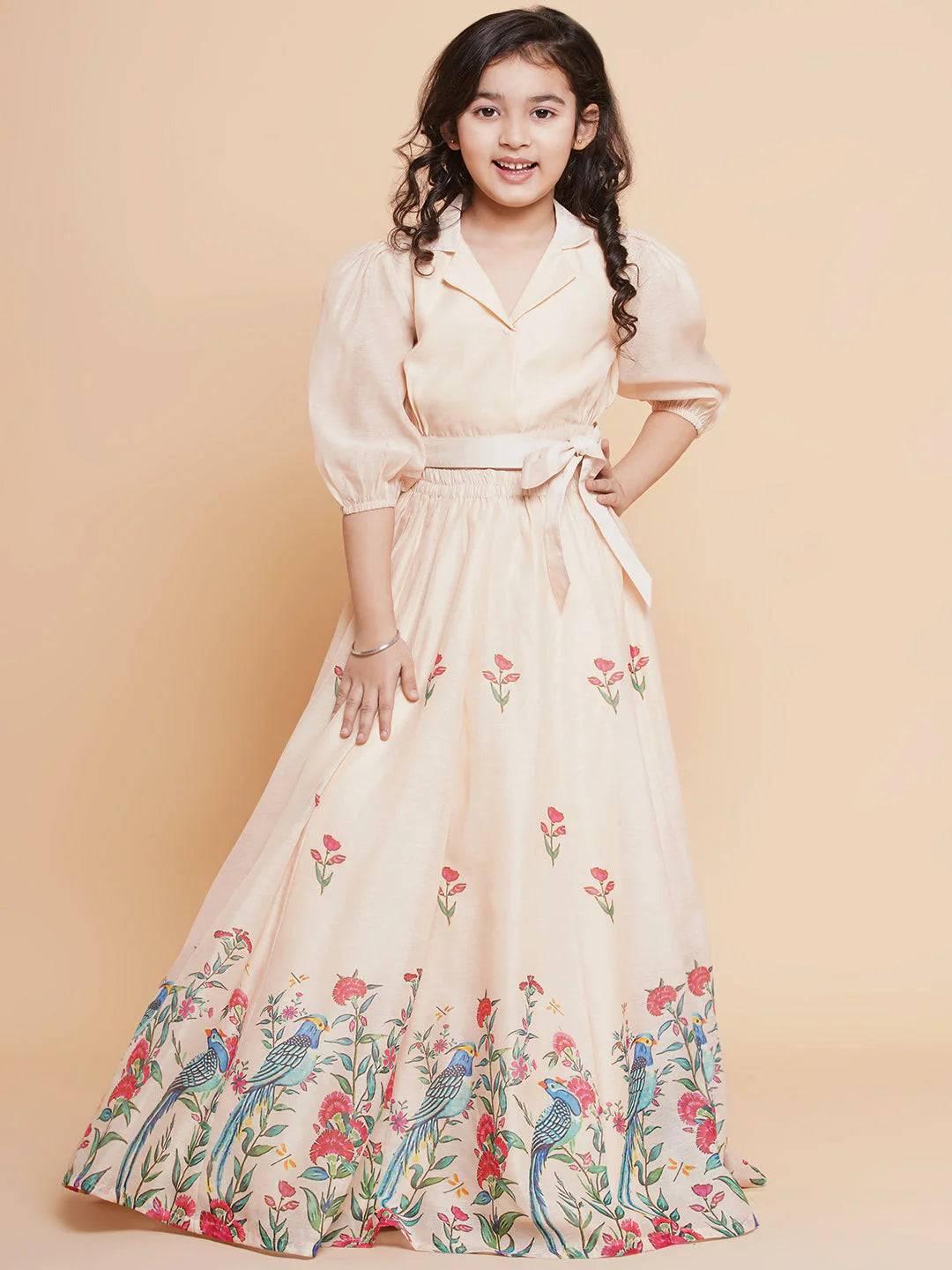 Cream Anarakali Digital Printed Kurta with Skirt Set For Women & Lehenga Crop Top Set For Girls.