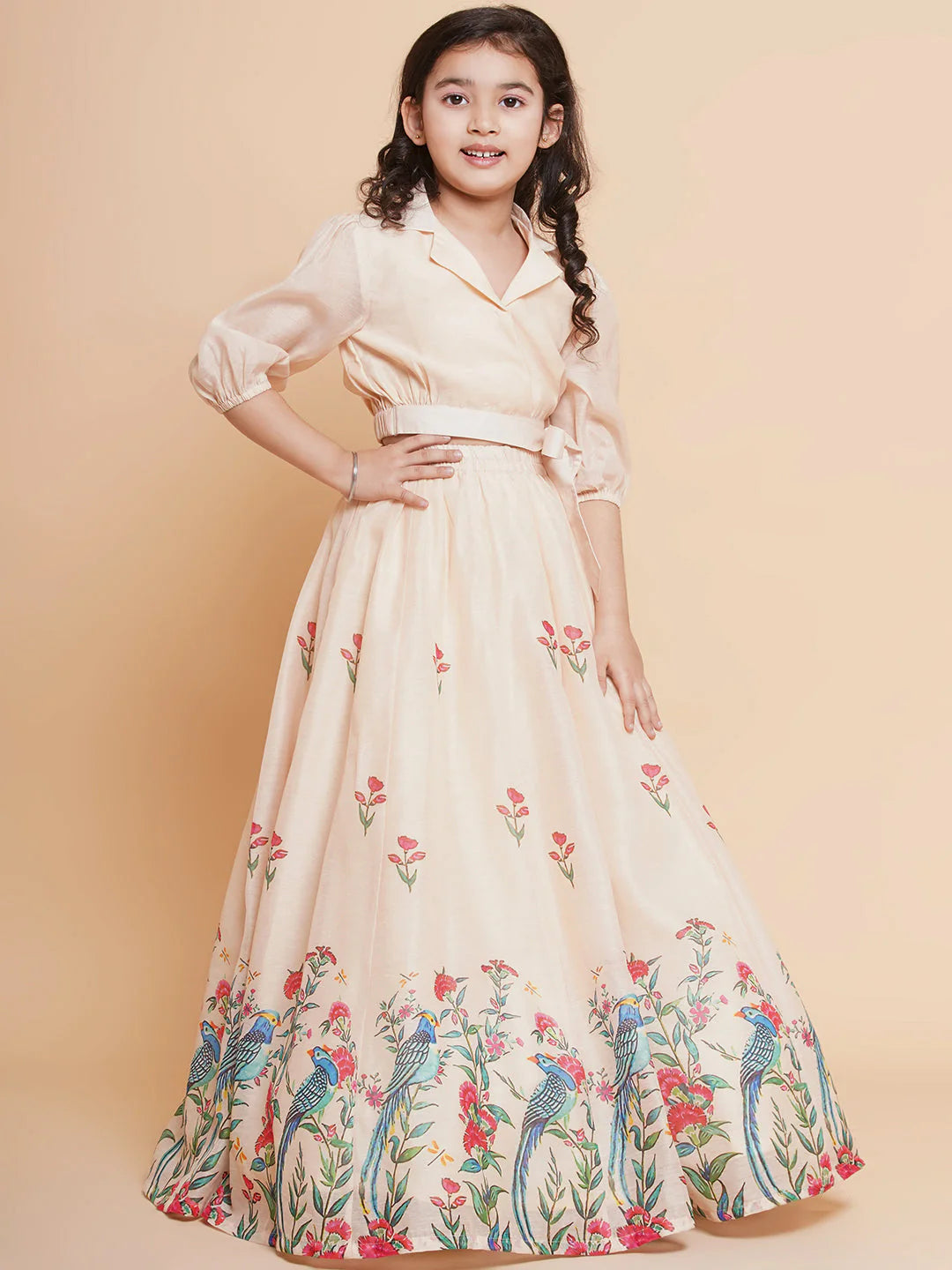 Cream Anarakali Digital Printed Kurta with Skirt Set For Women & Lehenga Crop Top Set For Girls.