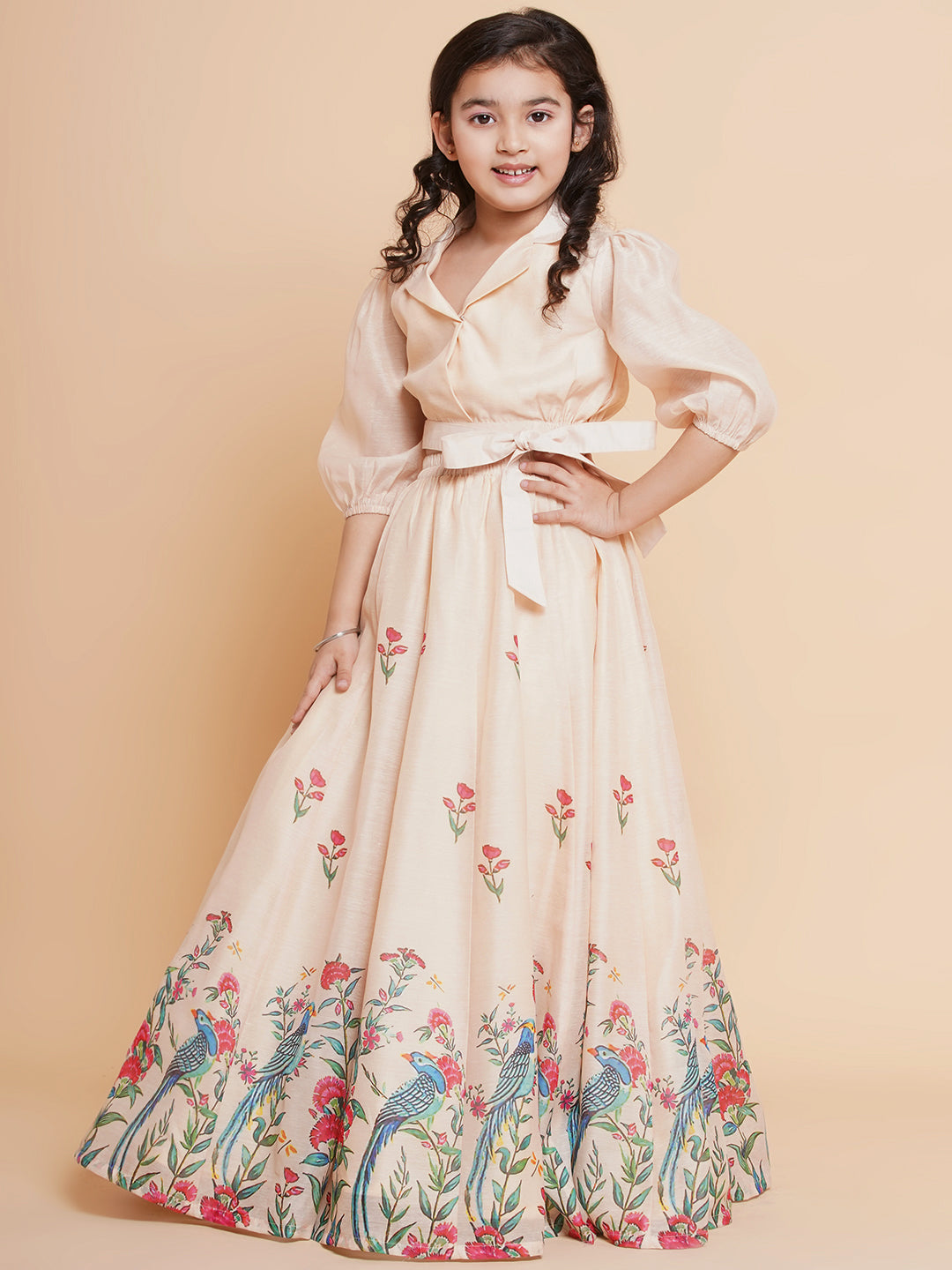 Bitiya by Bhama Girls Beige Peacock Printed Ready to wear Lehenga with Choli