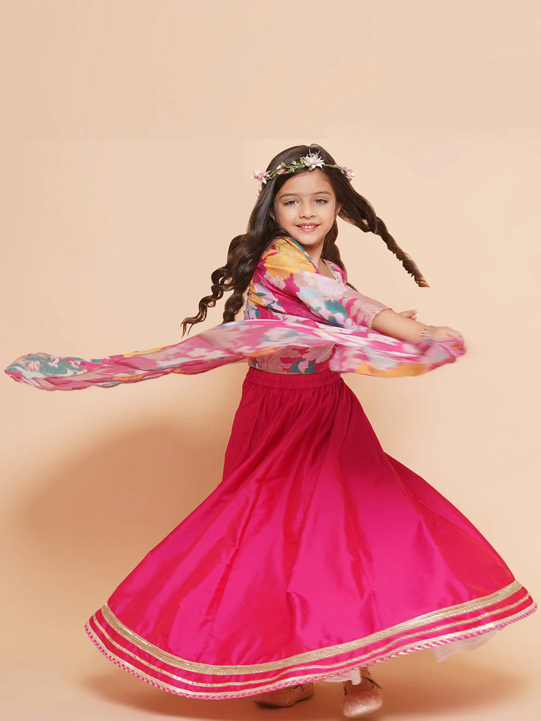 Pink Multi Floral Printed Jacket with Cami - Sharara For Women & Jacket with Cami - Skirt For Girl.
