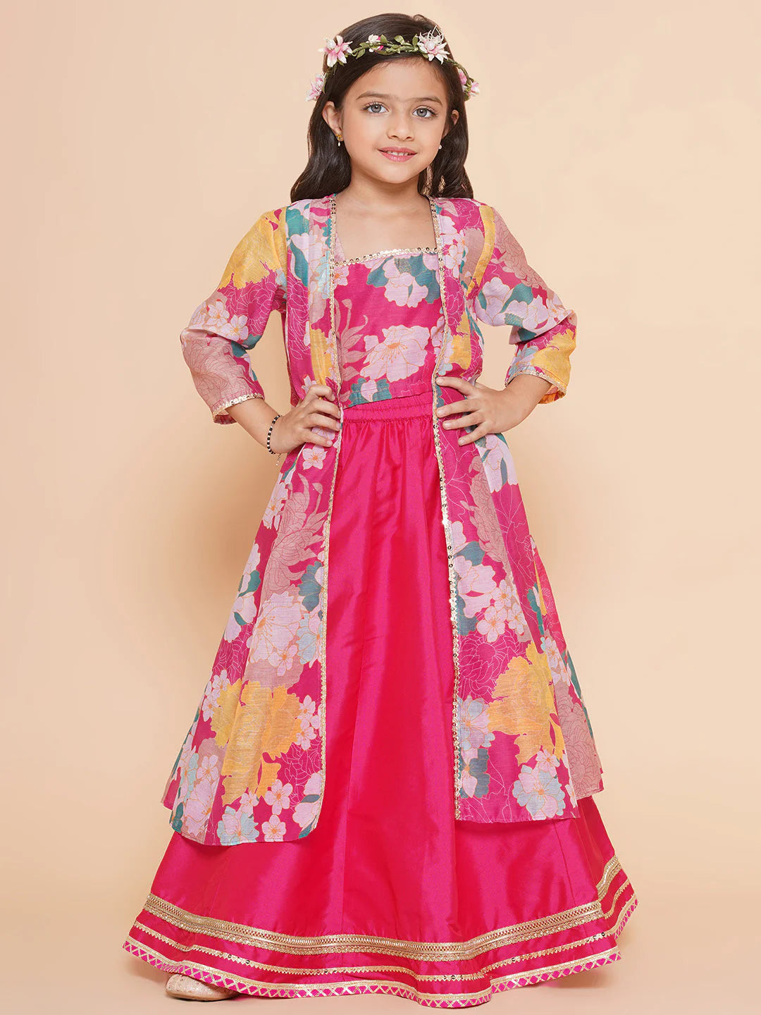 Pink Multi Floral Printed Jacket with Cami - Sharara For Women & Jacket with Cami - Skirt For Girl.