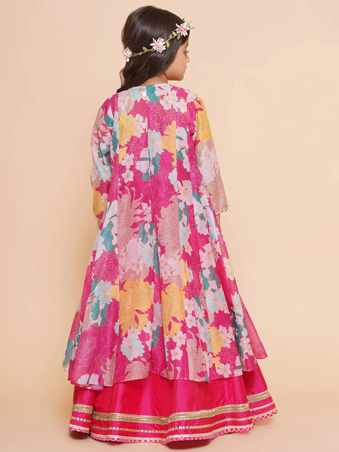 Pink Multi Floral Printed Jacket with Cami - Sharara For Women & Jacket with Cami - Skirt For Girl.