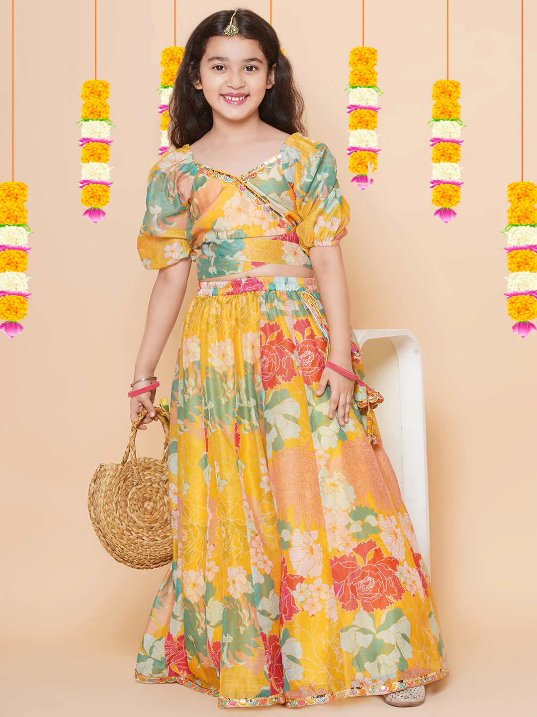Yellow Multi Floral Printed Jacket with Cami - Sharara For Women & Lehenga Choli Set For Girl.