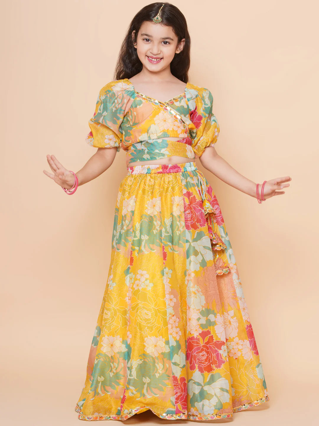 Yellow Multi Floral Printed Jacket with Cami - Sharara For Women & Lehenga Choli Set For Girl.