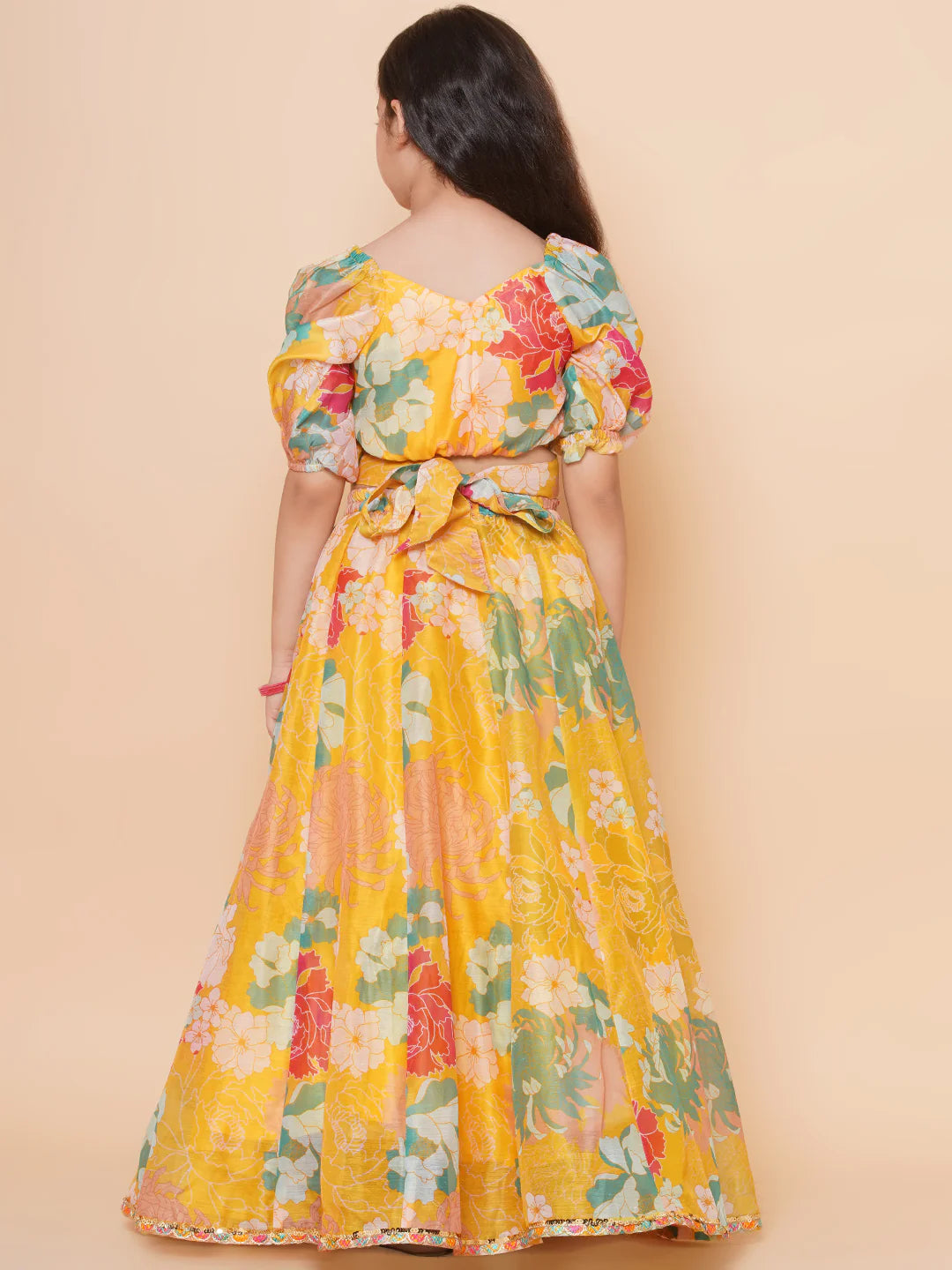 Yellow Multi Floral Printed Jacket with Cami - Sharara For Women & Lehenga Choli Set For Girl.