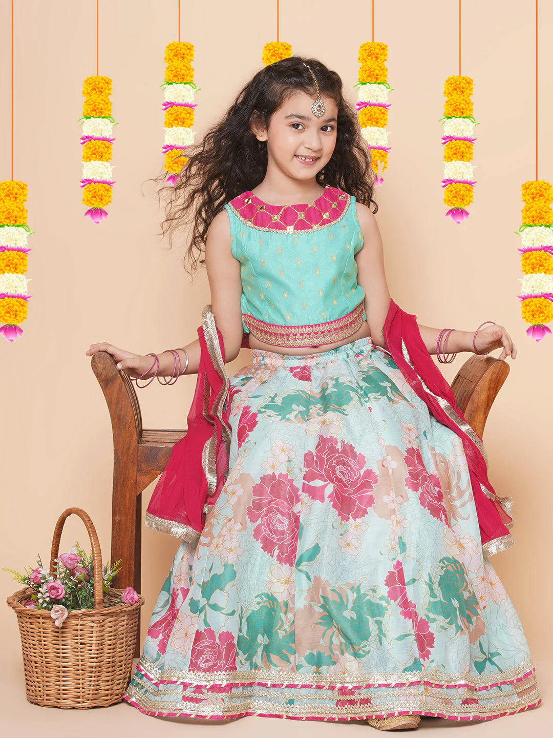Sea Blue Multi Color Printed Anarkali Kurta Set For Women & Lehenga Choli Set For Girl.