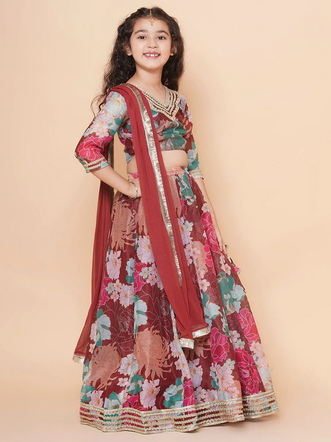 Maroon Multi color Printed Anarkali Kurta set For Women & Lehenga Choli set For Girl.