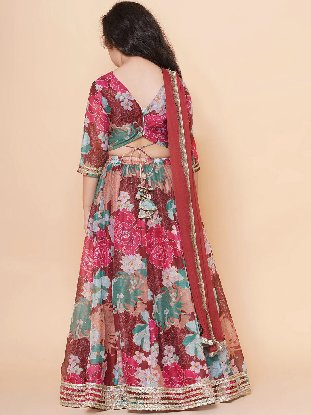 Maroon Multi color Printed Anarkali Kurta set For Women & Lehenga Choli set For Girl.