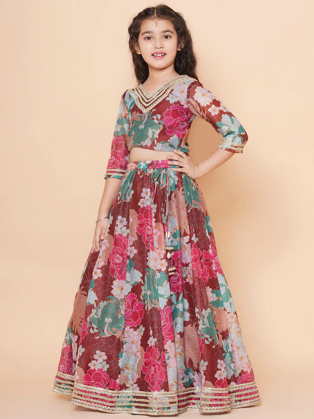 Maroon Multi color Printed Anarkali Kurta set For Women & Lehenga Choli set For Girl.