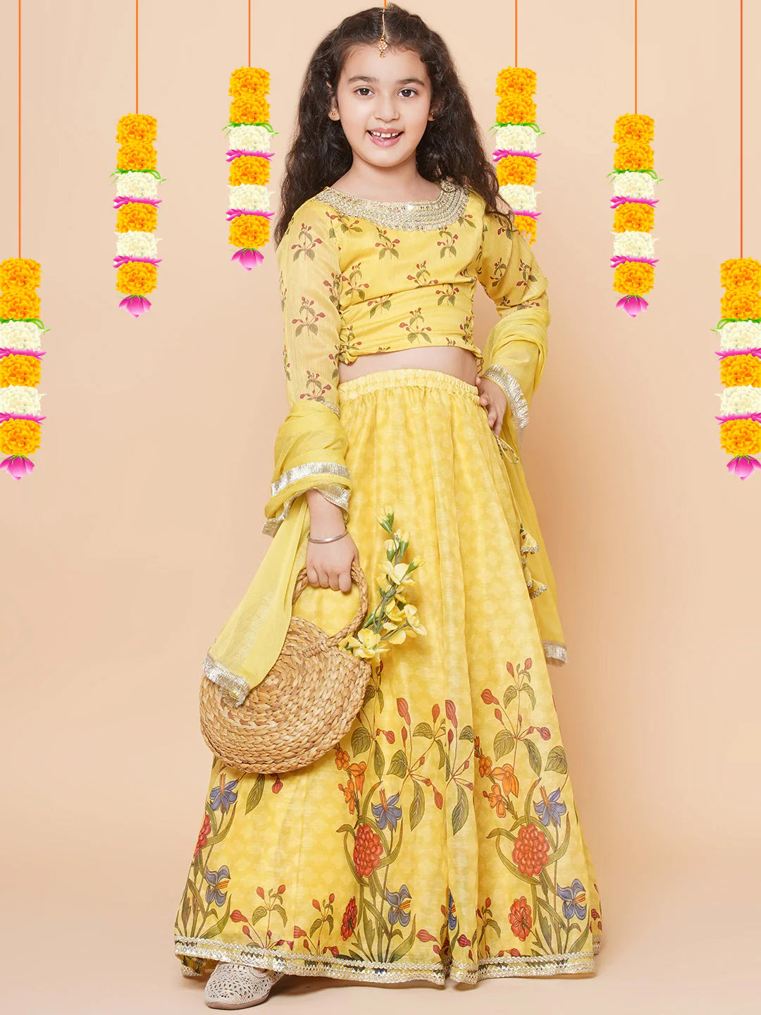 Yellow Digital Printed Anarkali Kurta Set For Women & Lehenga Choli Set For Girl.