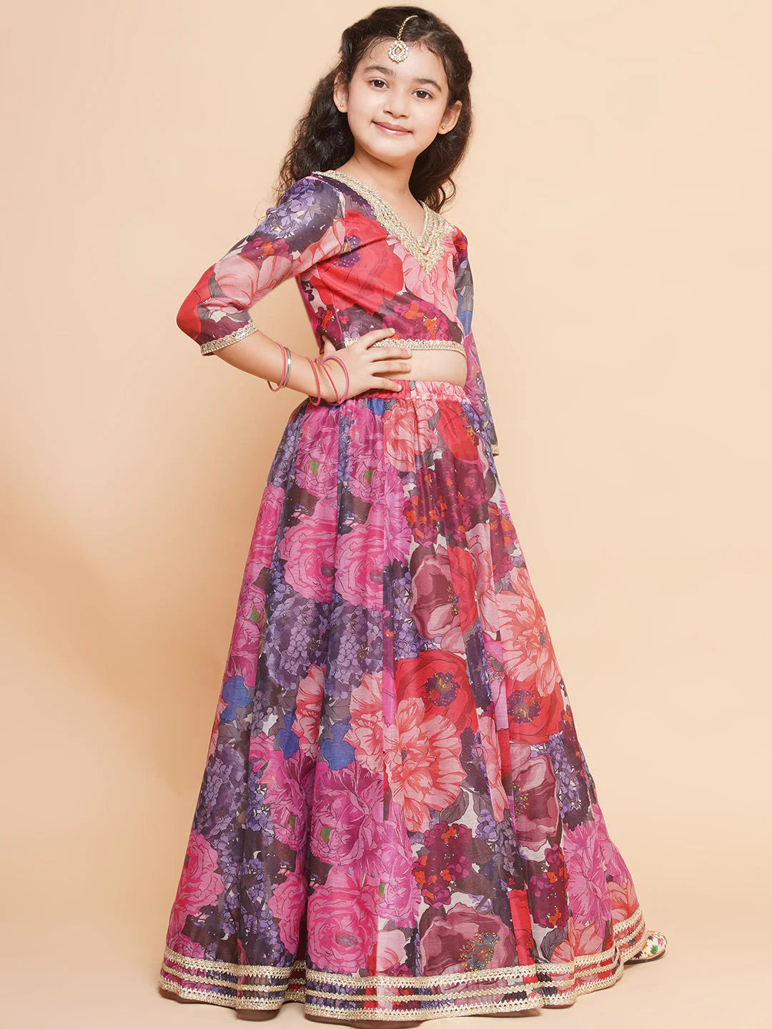 Purple Multi color Printed Angrakha Anarkali Kurta set For Women & Lehenga Choli set For Girl.