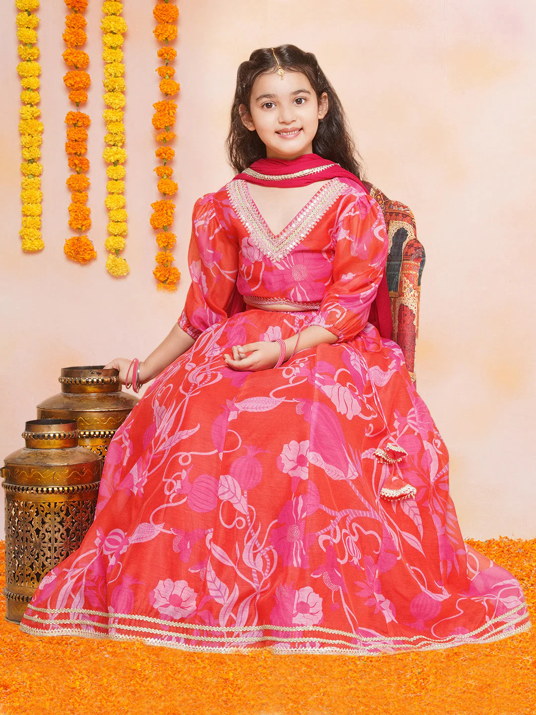 Pink Multi Printed A-Line Kurta Set For Women & Lehenga Choli Set For Girls