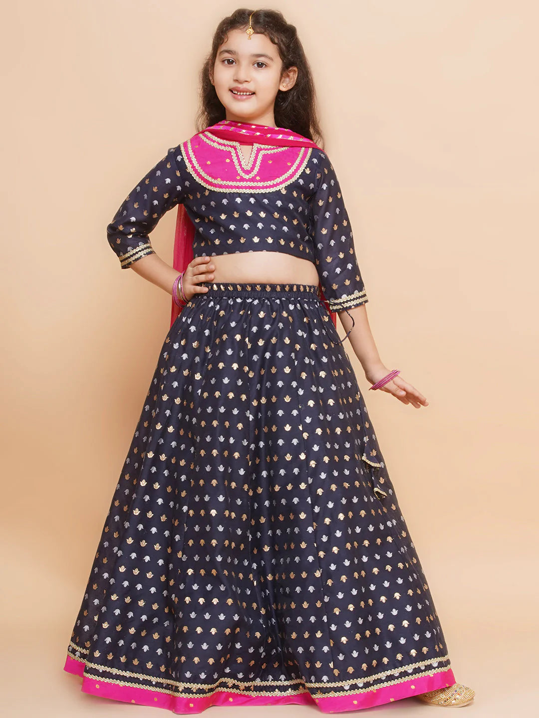 Navy Modal Jacquard Booti A-Line Kurta Set For Women & Lehenga Choli Set for Girl