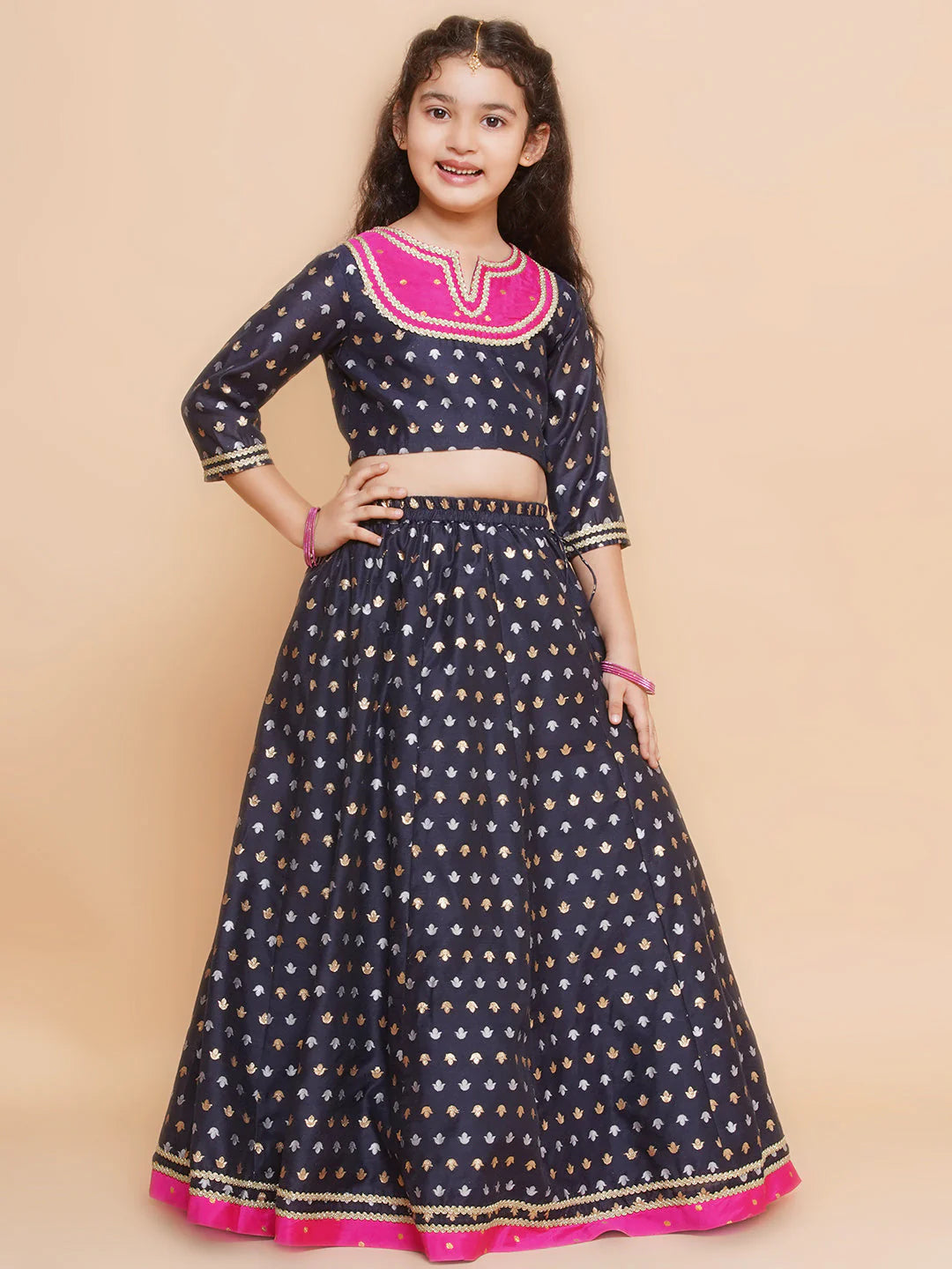 Navy Modal Jacquard Booti A-Line Kurta Set For Women & Lehenga Choli Set for Girl
