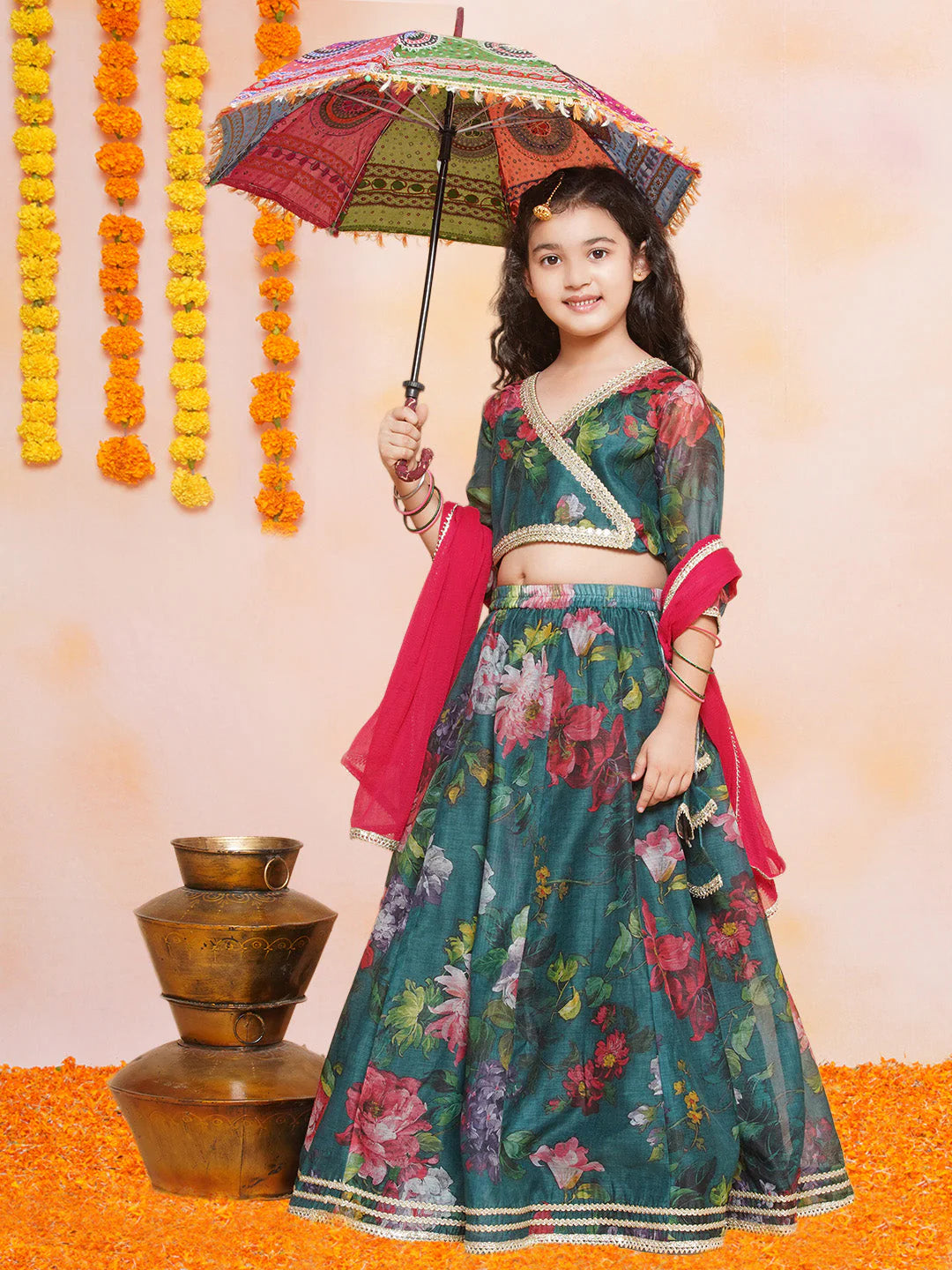 Green Multi Floral Printed Jacket with Cami - Sharara For Women & Lehenga Choli Set For Girl.