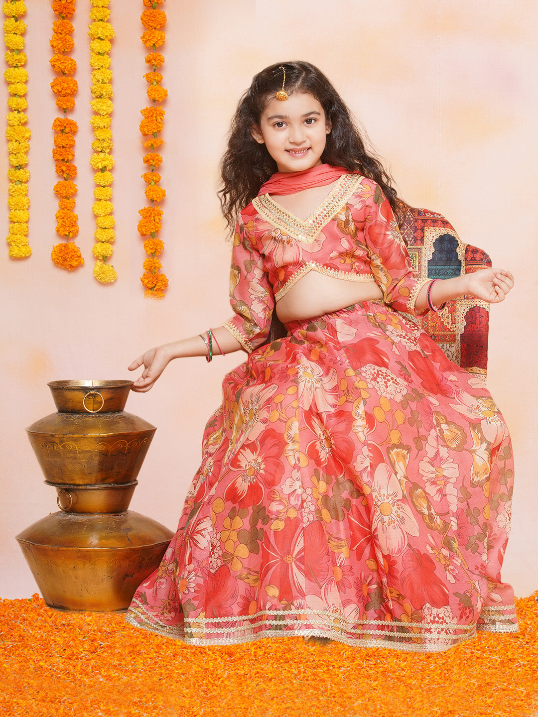 Red floral Printed Anarkali Kurta set for Women & Lehenga Choli Set dupatta for Girl