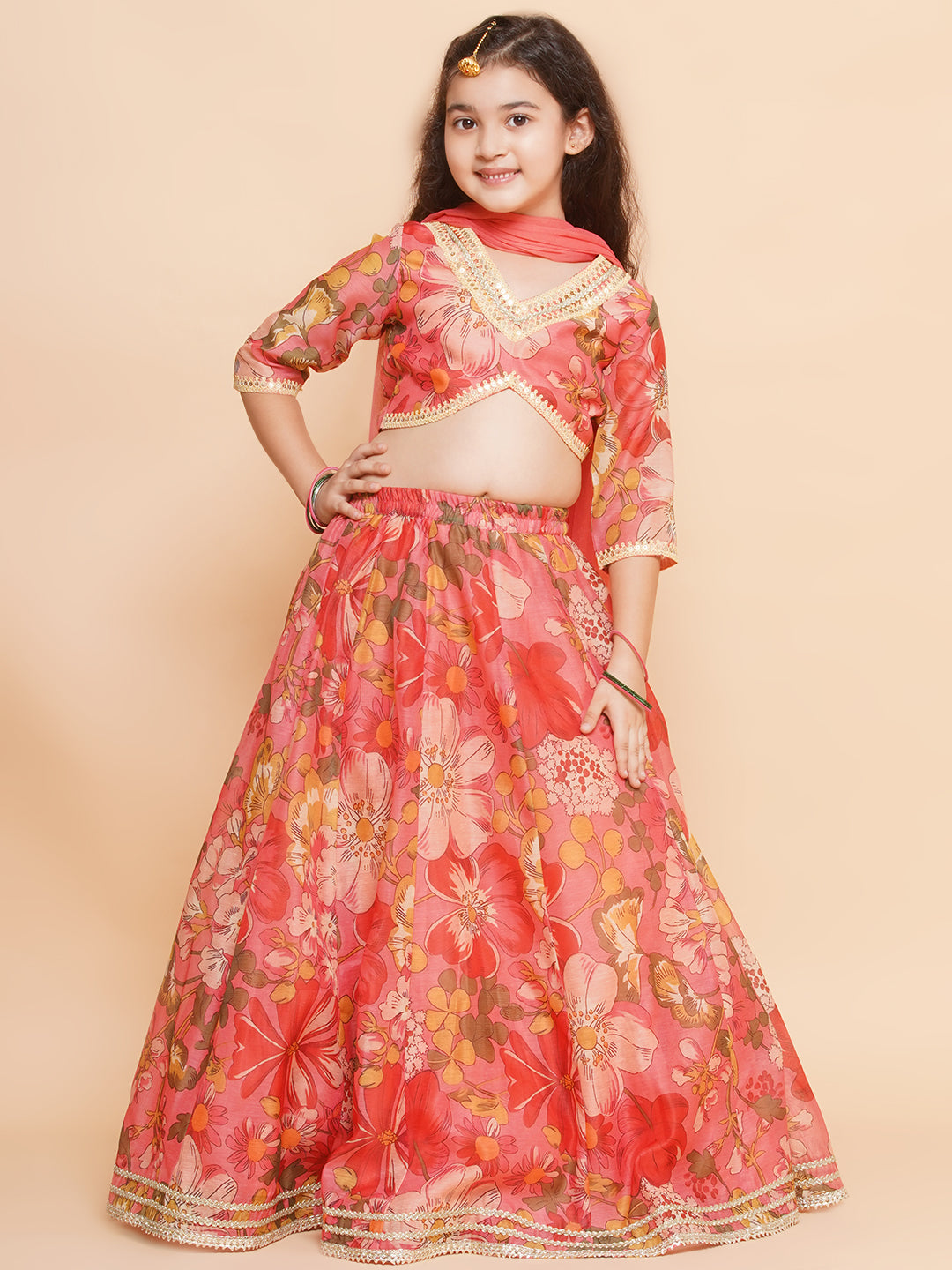 Red floral Printed Anarkali Kurta set for Women & Lehenga Choli Set dupatta for Girl