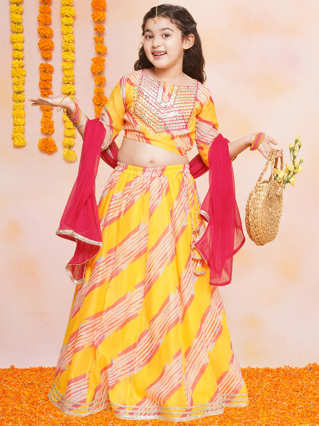 Yellow Leheriya Embroidered A-Line Kurta Set For Women & Lehenga Choli Set For Girl.