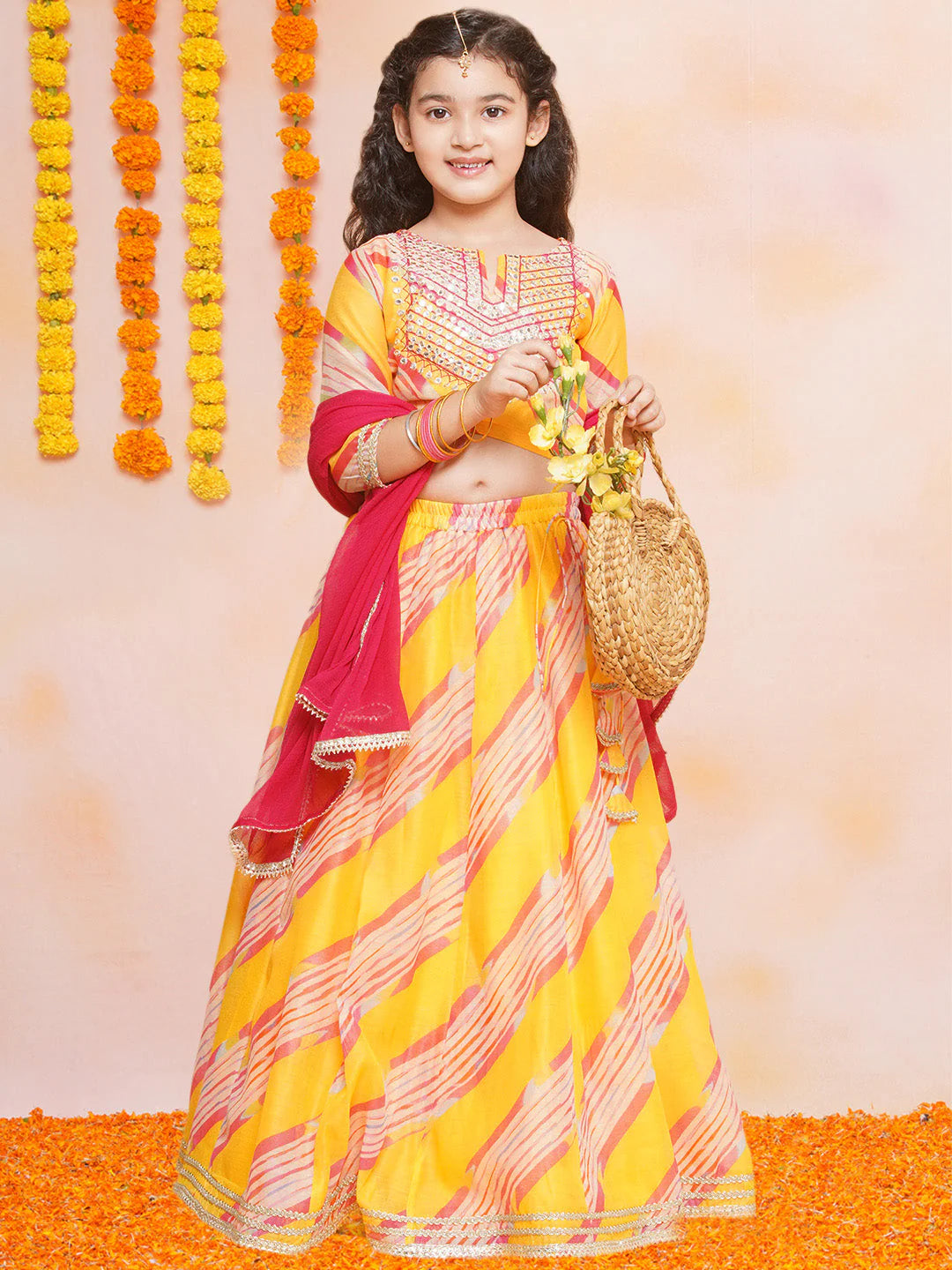 Yellow Leheriya Embroidered A-Line Kurta Set For Women & Lehenga Choli Set For Girl.