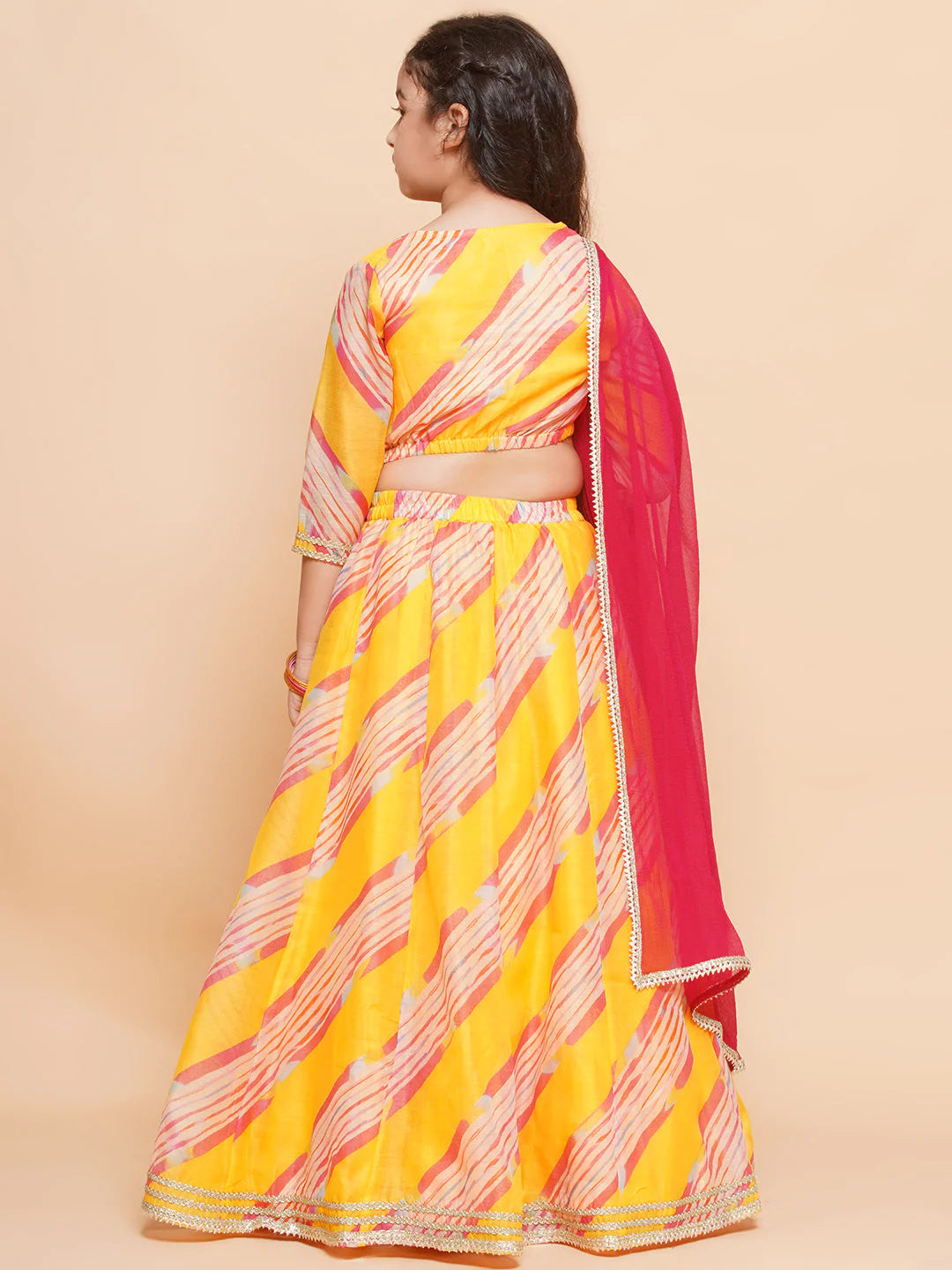 Yellow Leheriya Embroidered A-Line Kurta Set For Women & Lehenga Choli Set For Girl.