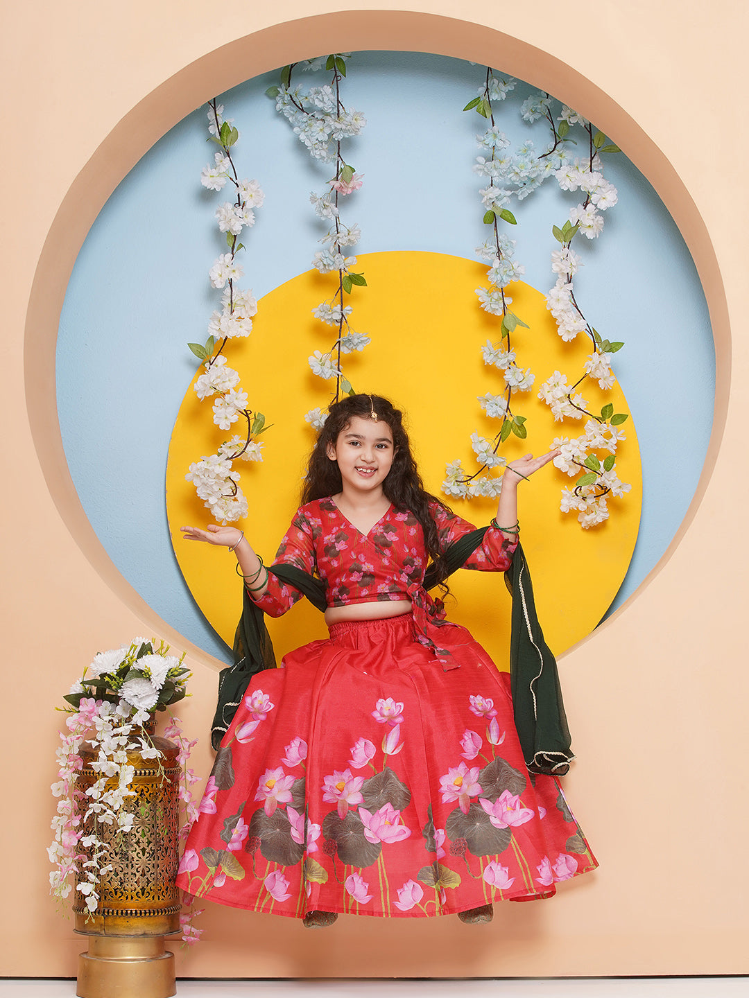 Bitiya by Bhama Girls Red & Green Flower Digital Printed Choli Ready to wear Lehenga with Dupatta