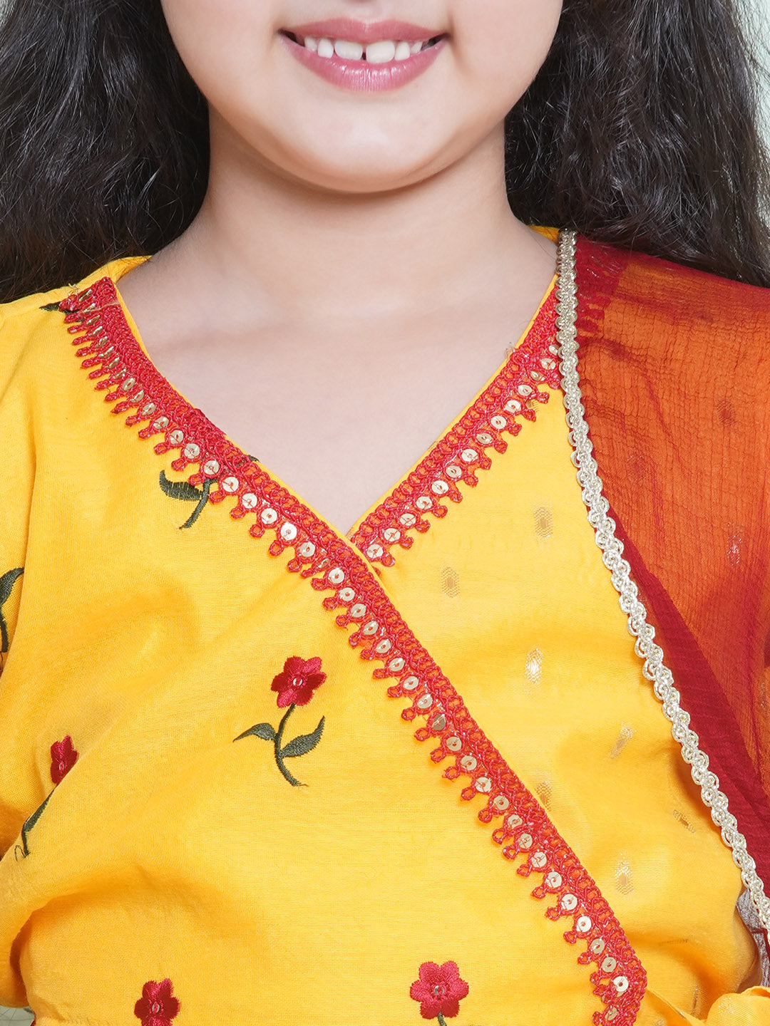 Bitiya by Bhama Girls Yellow Embroidered Choli Yellow Woven Design Ready to Wear Lehenga With Dupatta