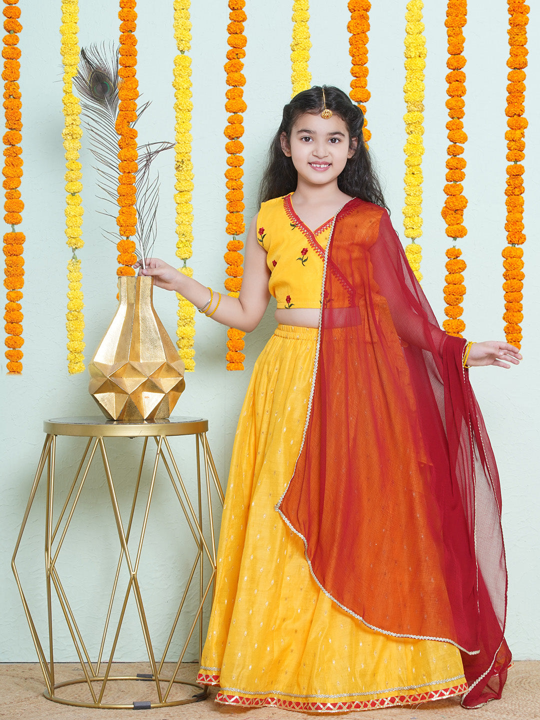 Bitiya by Bhama Girls Yellow Embroidered Choli Yellow Woven Design Rea