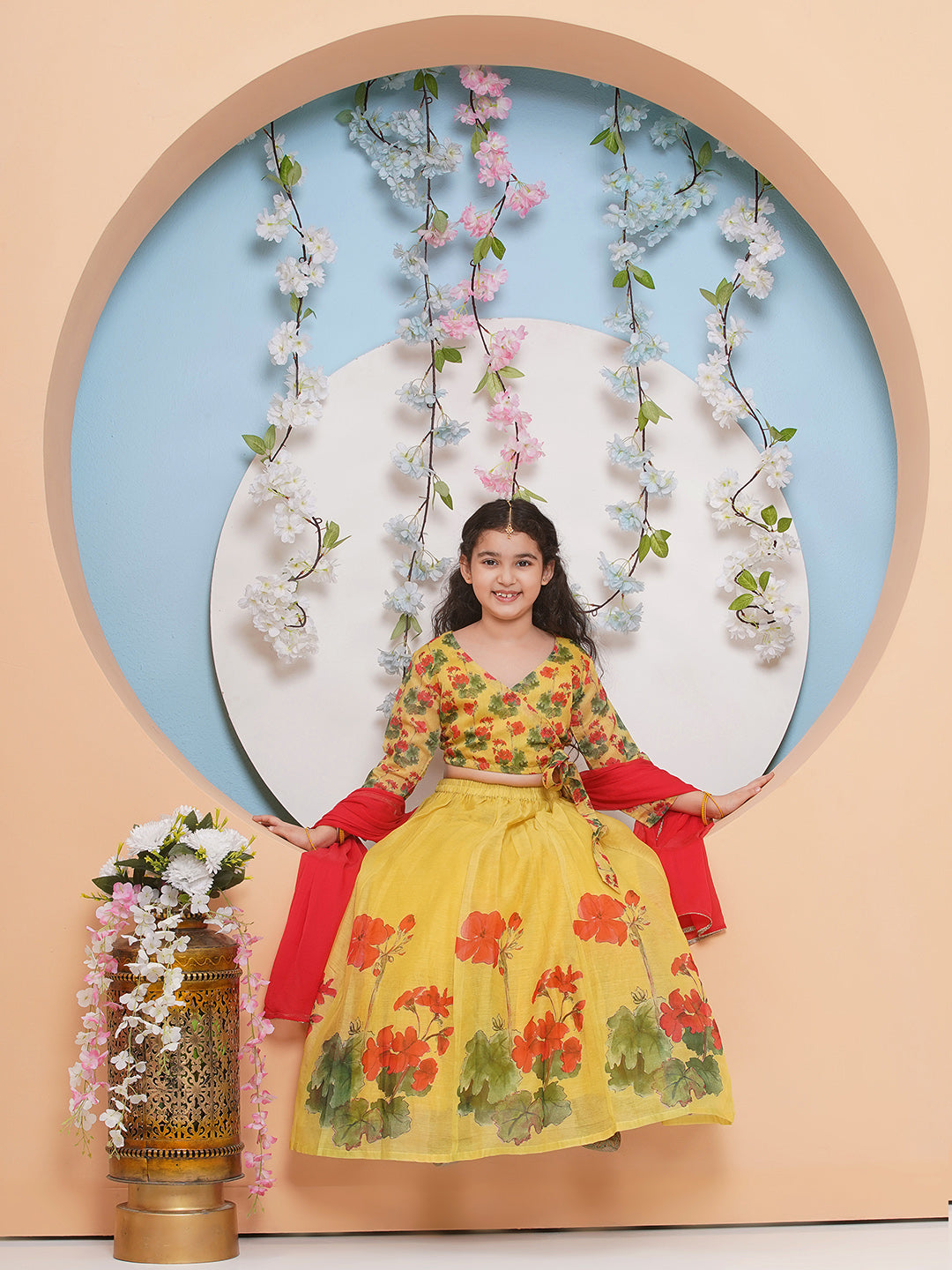 Bitiya by Bhama Girls Yellow & Red Flower Digital Printed Choli Ready to wear Lehenga with Dupatta