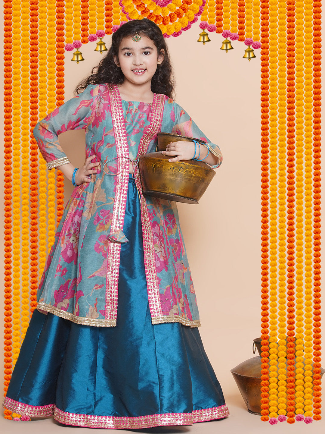Bitiya by Bhama Girls Blue Floral Printed Ready to Wear Lehenga & Blouse with Shrug