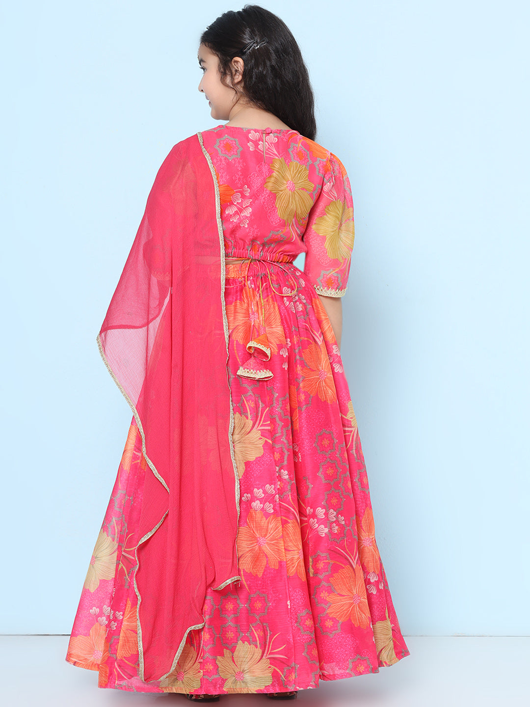 Bitiya by Bhama Girls Pink Multi Digital Print Ready to wear Lehenga & Choli with Dupatta